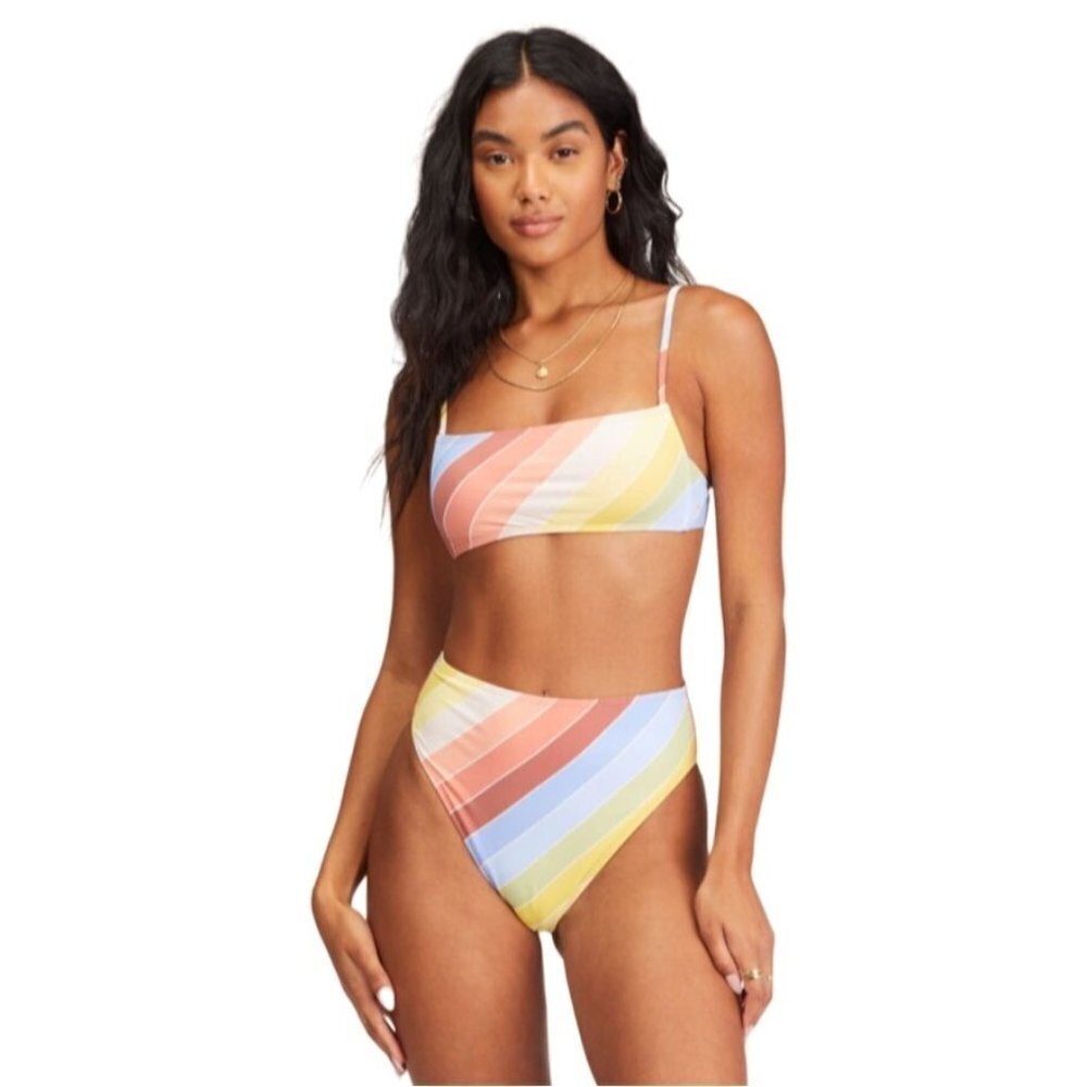 Billabong Bikini Set Small Brighter Daze Square Ruched Bralette Top Rise Bottoms